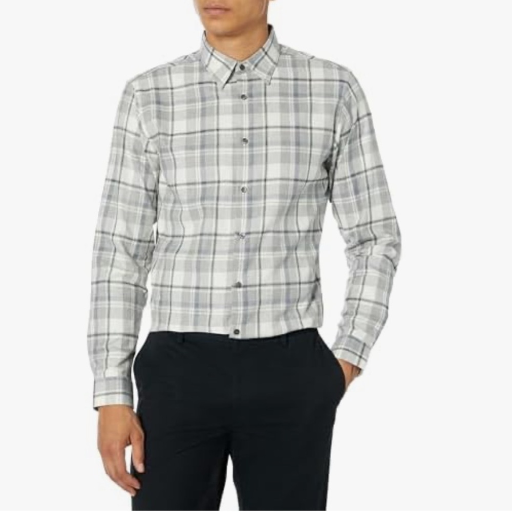 Theory Men's‎ Irving Medium Gray Plaid Button Down Flannel Shirt Large